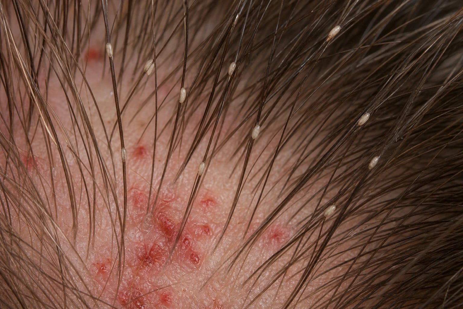 Head louse nits (eggs) firmly cemented to the hair shafts near the scalp, with an excoriated post-auricular scalp