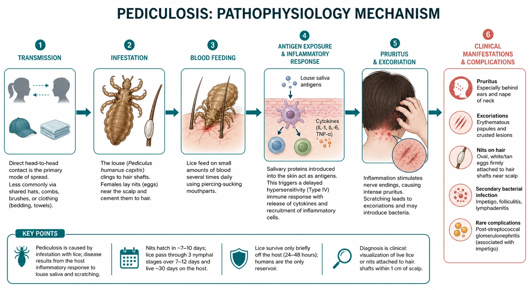 Diagram of the louse life cycle, hypersensitivity mechanism, and resistance mutations