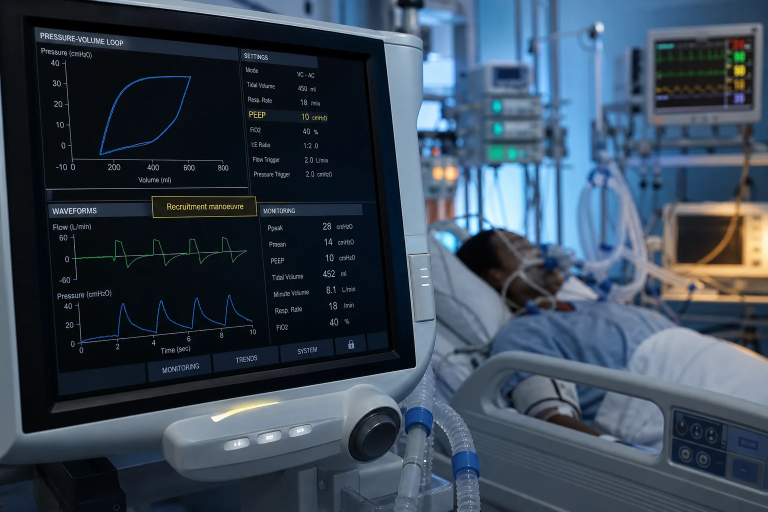 Cinematic ICU scene of a modern ventilator screen showing a pressure-volume loop, a PEEP setting value, flow and pressure waveforms, and a tidal-volume readout beside an intubated patient with a monitor and a recruitment-manoeuvre note on the screen, clinical-blue lighting