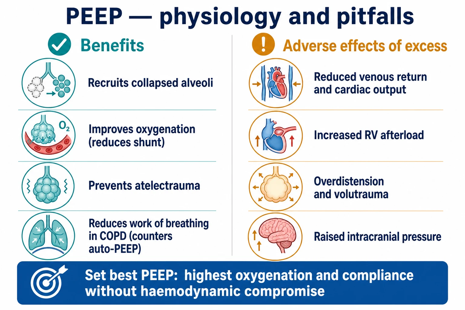 Two-column infographic on a white clinical-blue background: LEFT Benefits — recruits collapsed alveoli, improves oxygenation (reduces shunt), prevents atelectrauma, reduces work of breathing in COPD; RIGHT Adverse effects of excess — reduced venous return and cardiac output, increased RV afterload, overdistension and volutrauma, raised intracranial pressure; bottom banner 'Set best PEEP: highest oxygenation and compliance without haemodynamic compromise'. Flat vector illustration, crisp typography.