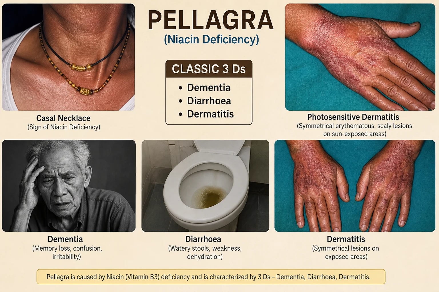 Sharply demarcated photosensitive erythematous rash with scaling and hyperpigmentation on sun-exposed skin including Casal's necklace around the neck