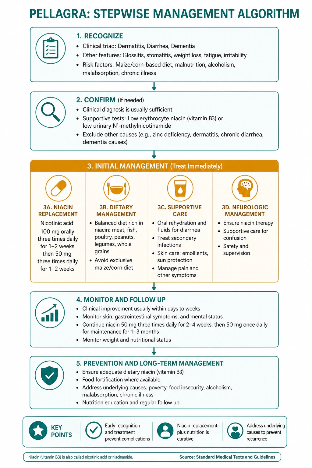Stepwise management ladder for pellagra showing oral nicotinamide repletion, cause correction, and nutritional rehabilitation