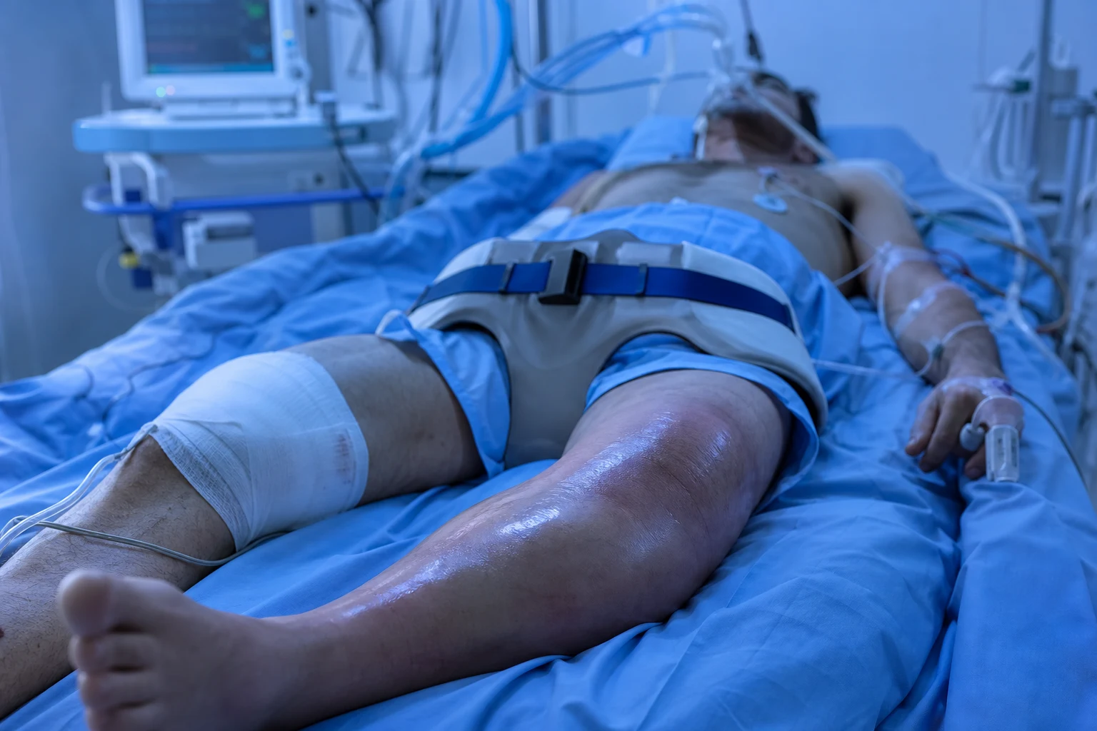 Cinematic ICU scene of a patient with a pelvic binder in place, an extremity with compartment syndrome, clinical-blue lighting, a serious mood