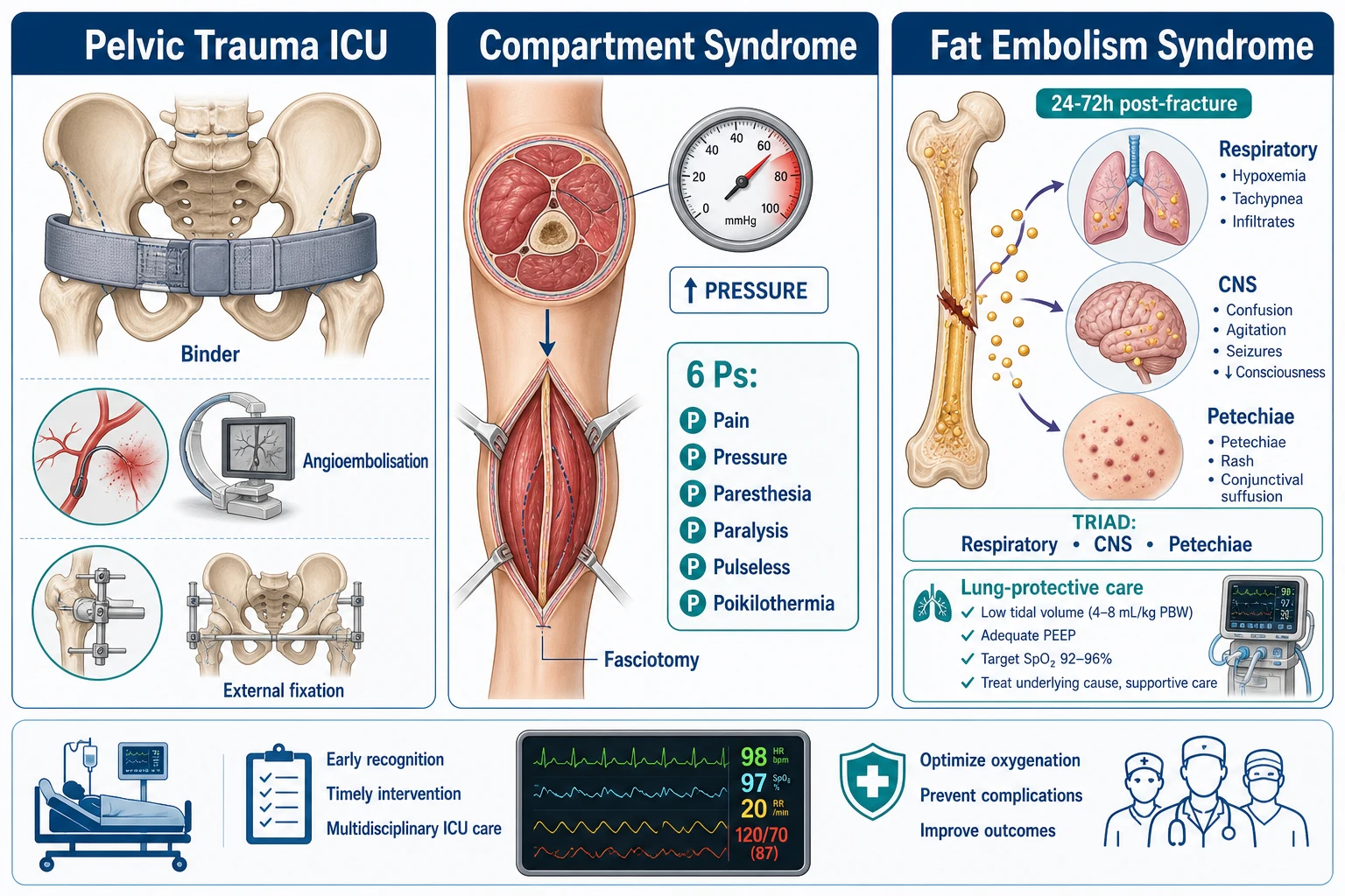 Three-panel infographic on a white clinical-blue background: LEFT pelvic (Young-Burgess APC open-book / LC closed-book / VS vertical shear; binder at greater trochanters; angioembolisation arterial bleeding; external fixation; associated bladder/urethra/rectal); CENTRE compartment syndrome (6 Ps pain/pressure/paresthesia/paralysis/pulseless/poikilothermia; delta P under 30; fasciotomy); RIGHT fat embolism (24-72h post-fracture; triad respiratory/CNS/petechiae; lung-protective + supportive). Banner 'Pelvic binder for APC open-book; compartment = pain on passive stretch; FES at 24-72h'. Flat vector illustration, crisp typography.