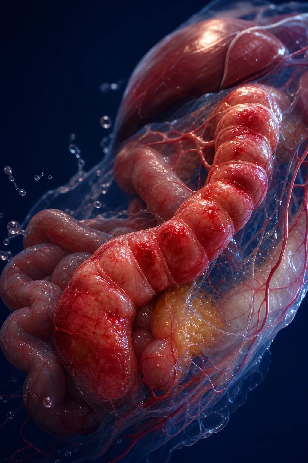 Cinematic cross-section of the female upper genital tract showing ascending infection from cervix to endometrium, fallopian tubes and ovary, with pelvic peritoneal inflammation and a tubo-ovarian abscess, deep teal background