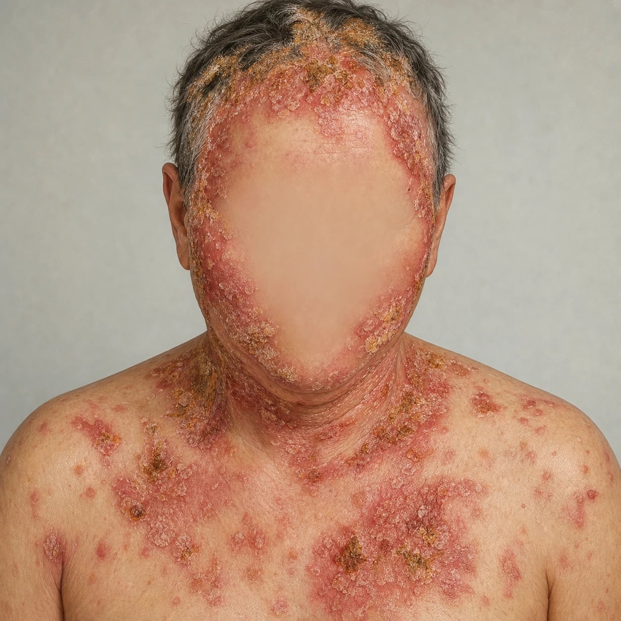 Superficial, scaly, crusted, seborrhoeic-distribution plaques characteristic of pemphigus foliaceus