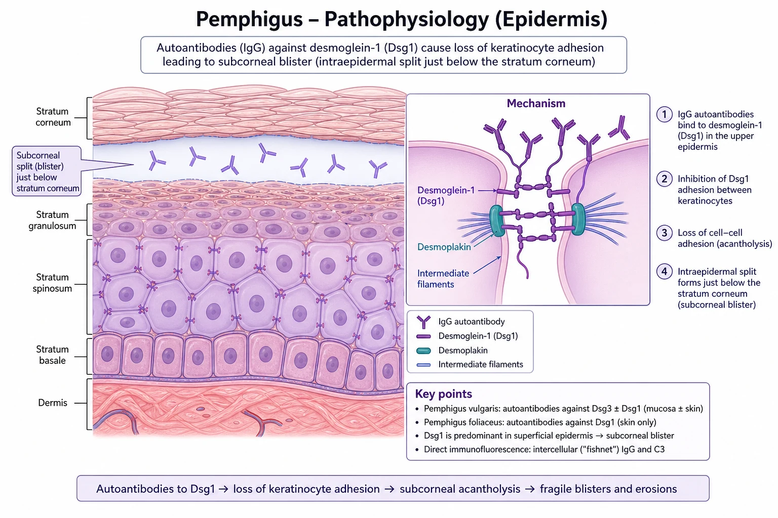Diagram of the epidermis showing IgG anti-desmoglein-1 antibodies causing a subcorneal split while Dsg3 compensation spares the mucosa