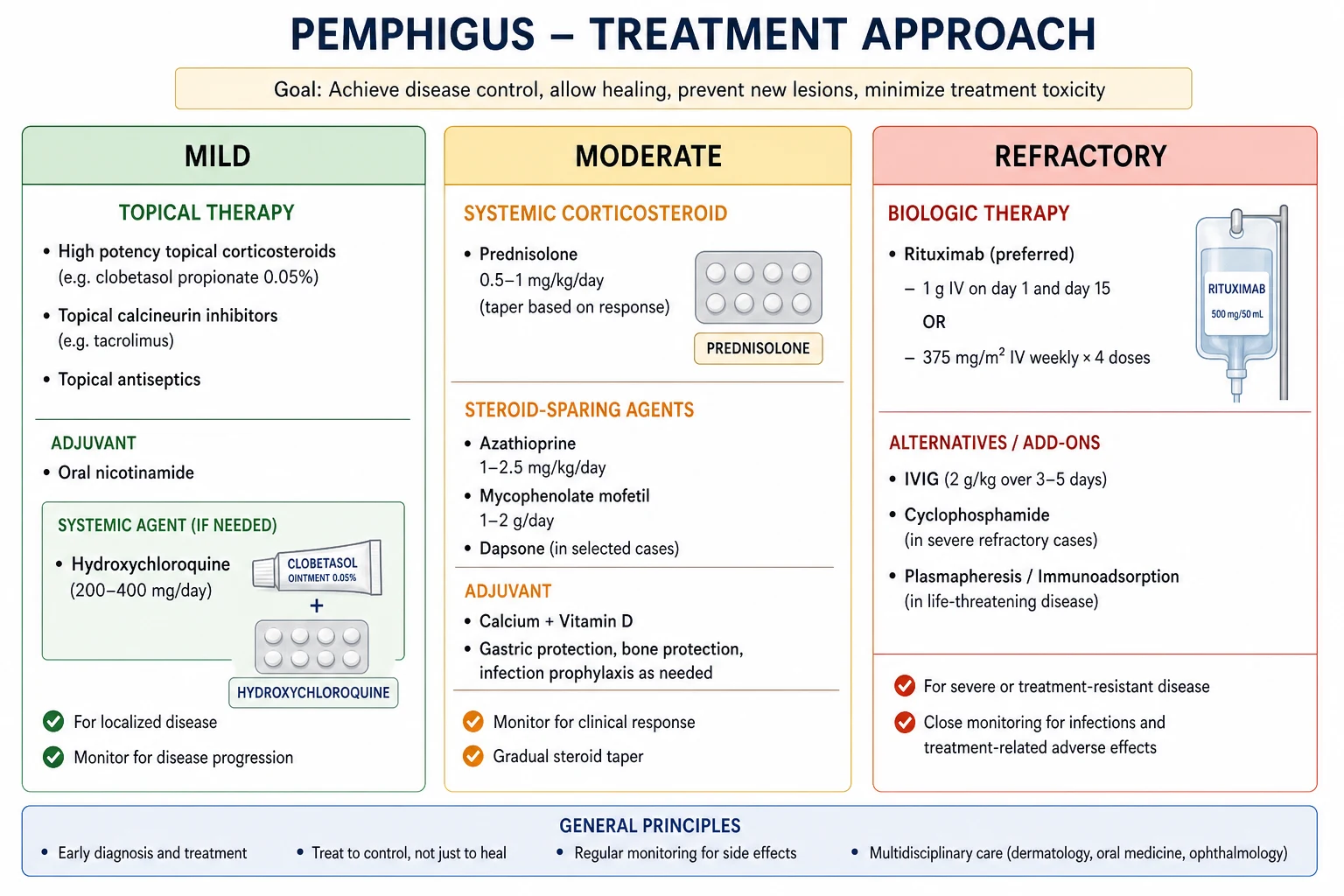Treatment algorithm for pemphigus foliaceus: mild (topical steroids + hydroxychloroquine), moderate (oral prednisolone + steroid-sparing), refractory (rituximab)