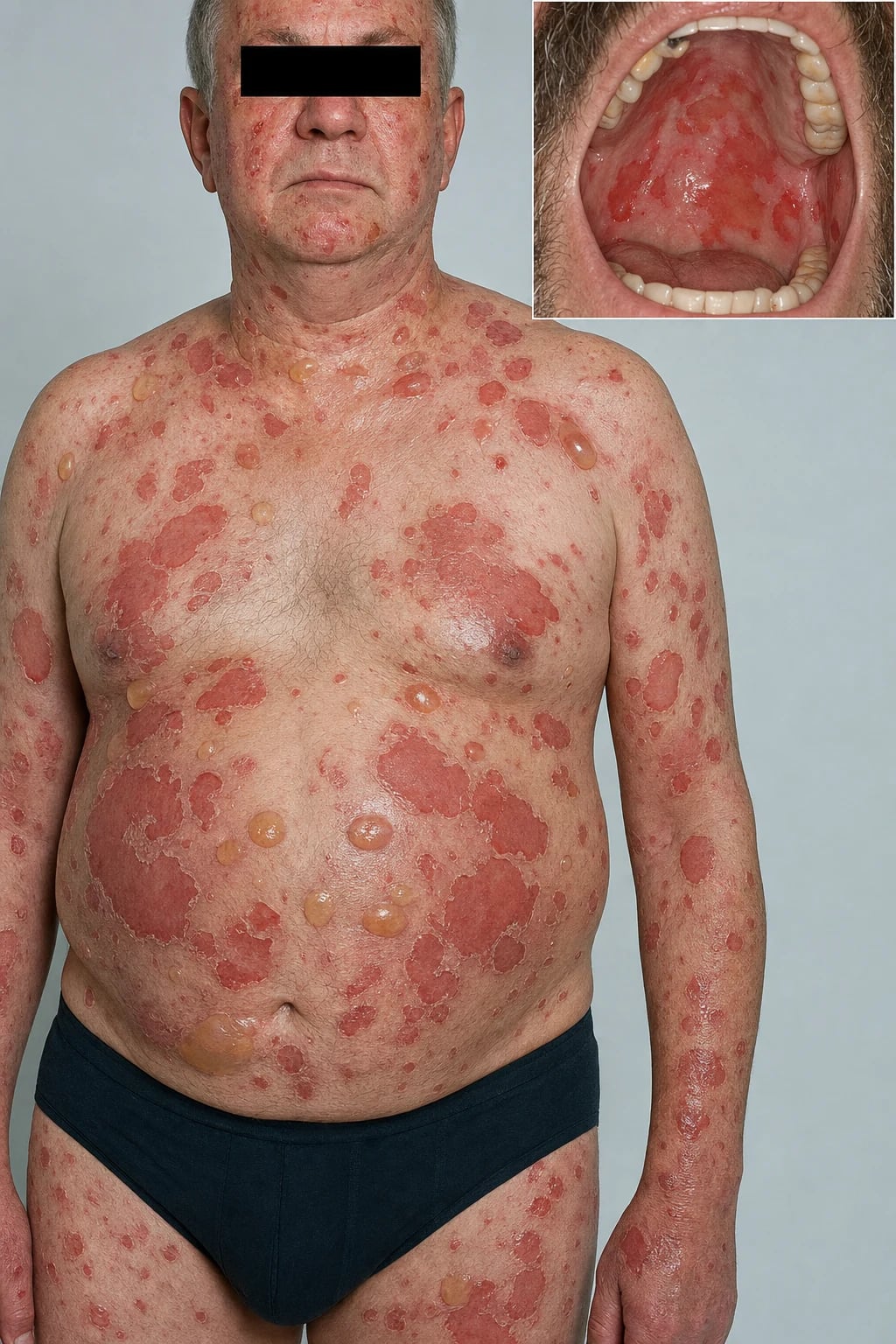 Widespread flaccid blisters on erythematous base with ruptured erosions and collarette of detached epidermis on trunk, plus oral erosions on buccal mucosa