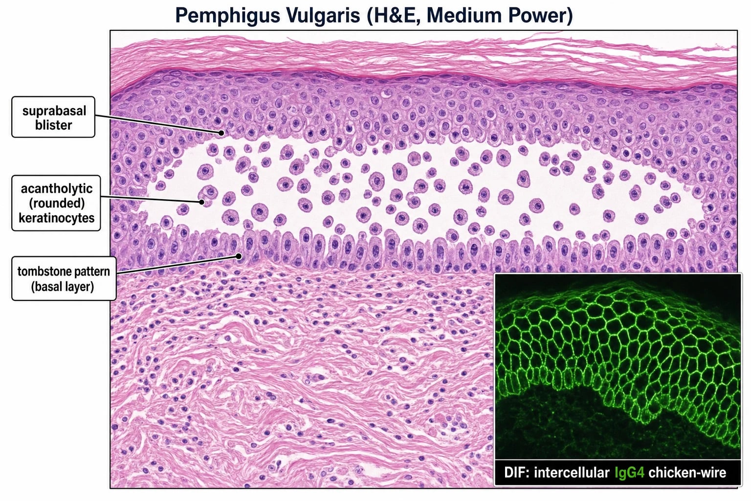 H&E showing suprabasal blister with tombstone pattern and acantholytic keratinocytes, plus a DIF inset showing intercellular IgG4 chicken-wire pattern