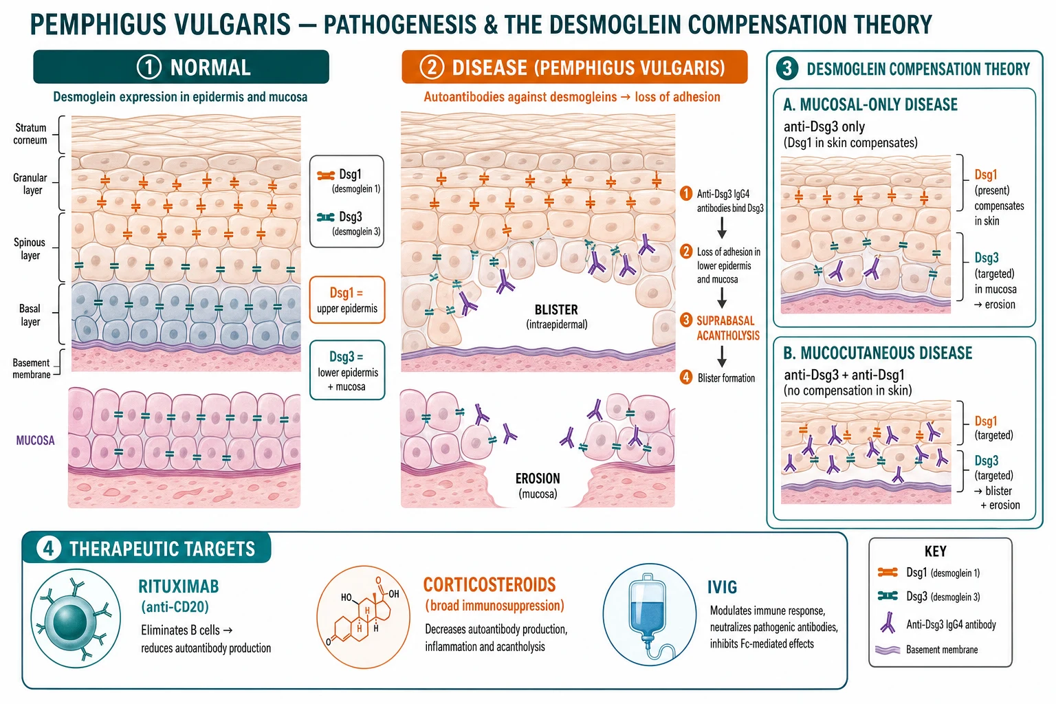 Comparison panel of pemphigus vulgaris variants: classical PV flaccid bullae, pemphigus vegetans verrucous plaques in flexures, paraneoplastic pemphigus with severe stomatitis and polymorphous skin eruption, IgA pemphigus with vesicopustules in annular configuration, and drug-induced PV after thiol exposure