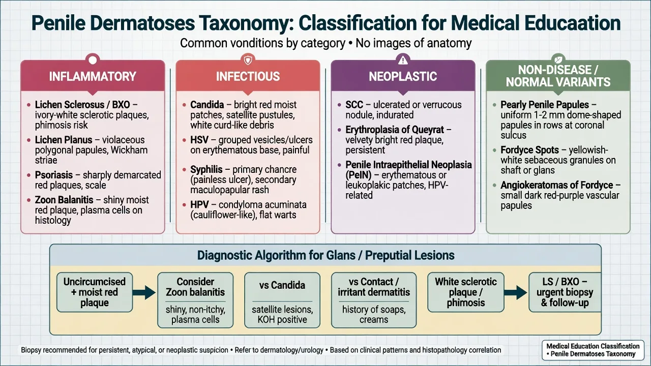 Four-column taxonomy of penile dermatoses: inflammatory, infectious, neoplastic, normal variants