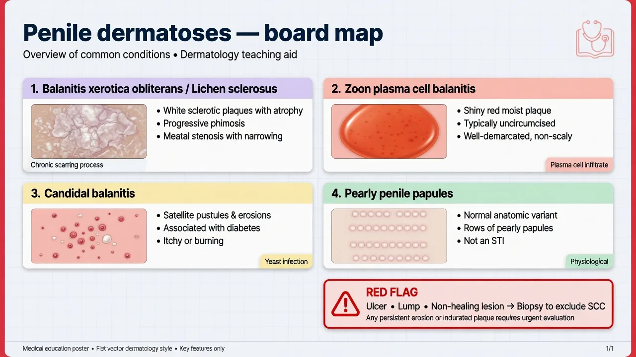Educational overview of penile dermatoses disease cards including BXO, Zoon balanitis, candidal balanitis and pearly penile papules