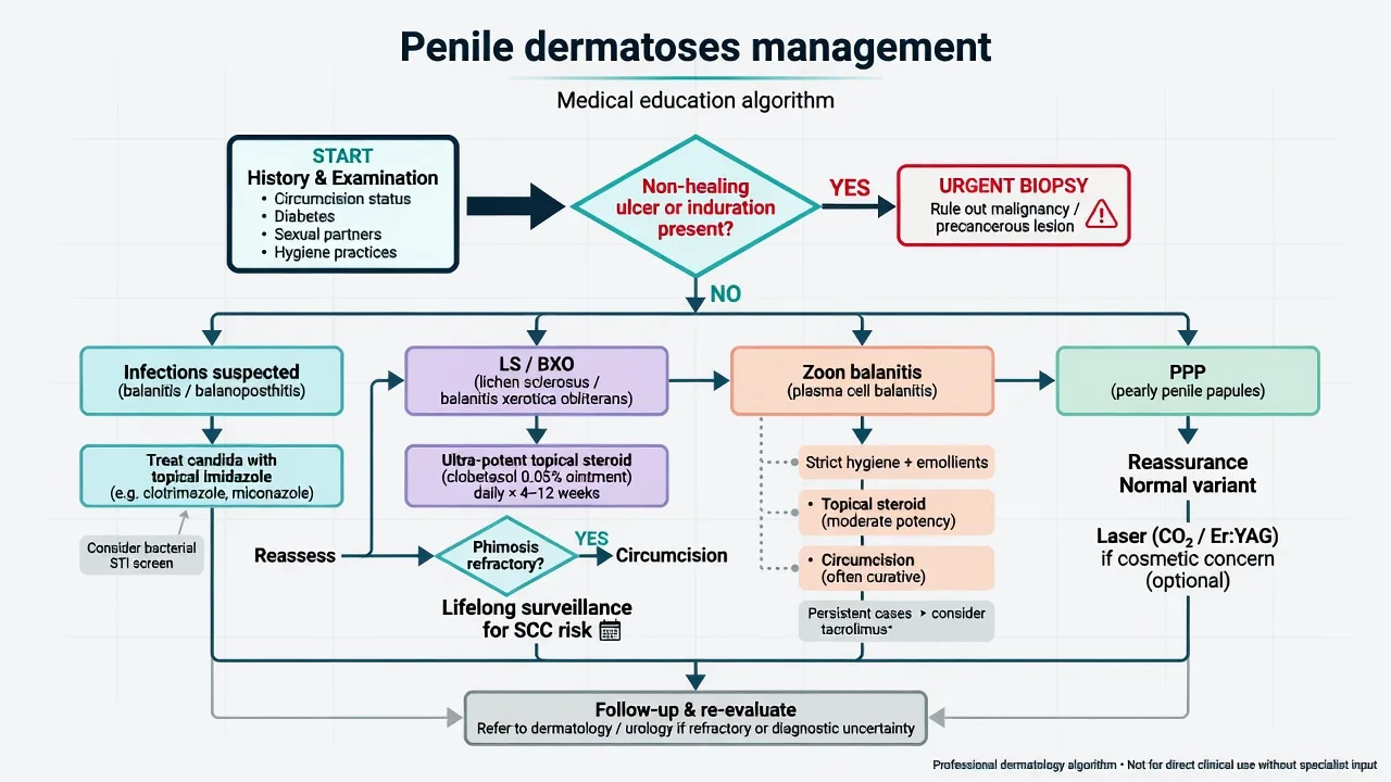 Management flowchart for penile dermatoses covering infection, LS/BXO, Zoon, and PPP pathways