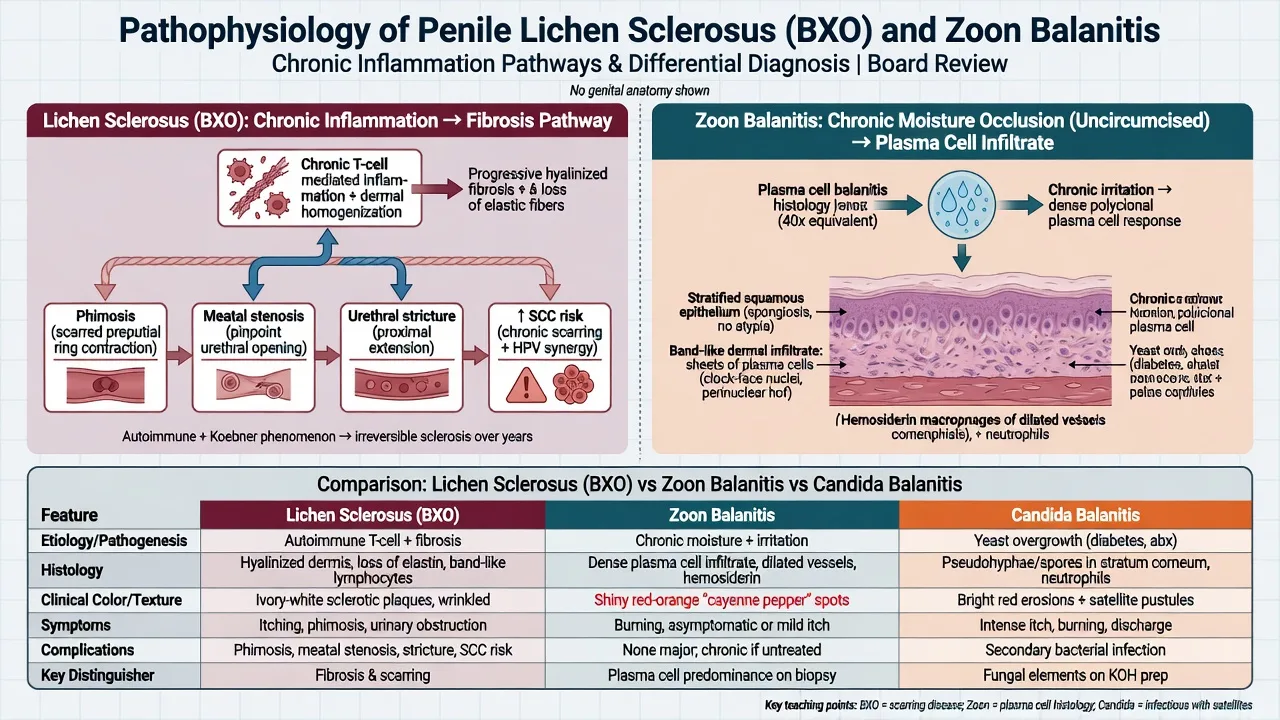Pathophysiology comparison of BXO scarring pathway versus Zoon chronic moisture plasma-cell pathway