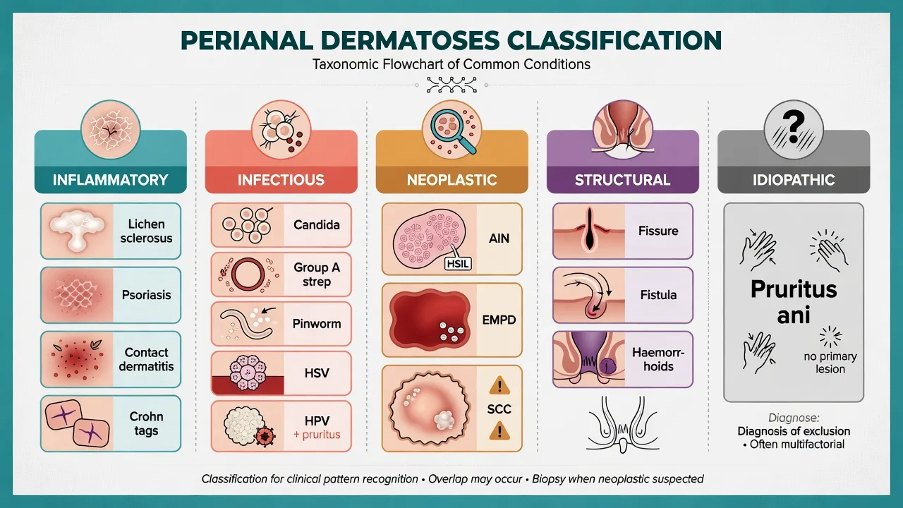 Five-column taxonomy of perianal dermatoses: inflammatory, infectious, neoplastic, structural, idiopathic