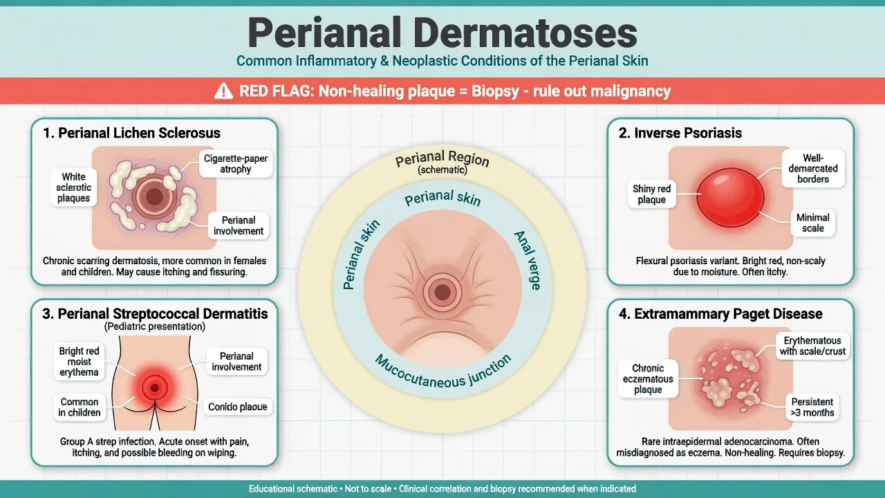 Educational overview cards of perianal dermatoses including lichen sclerosus, inverse psoriasis, streptococcal dermatitis and EMPD red flags