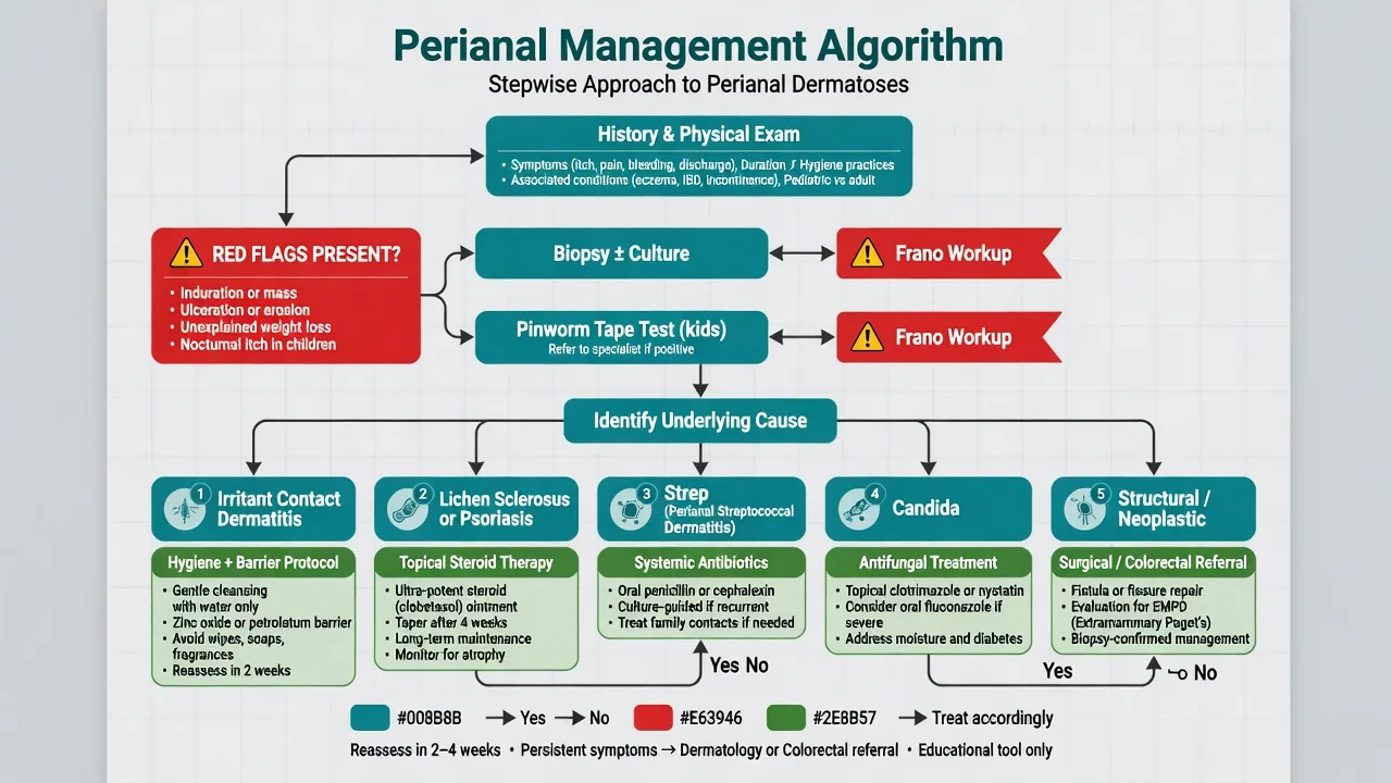 Management algorithm flowchart for perianal dermatoses from hygiene through infection treatment to biopsy pathways