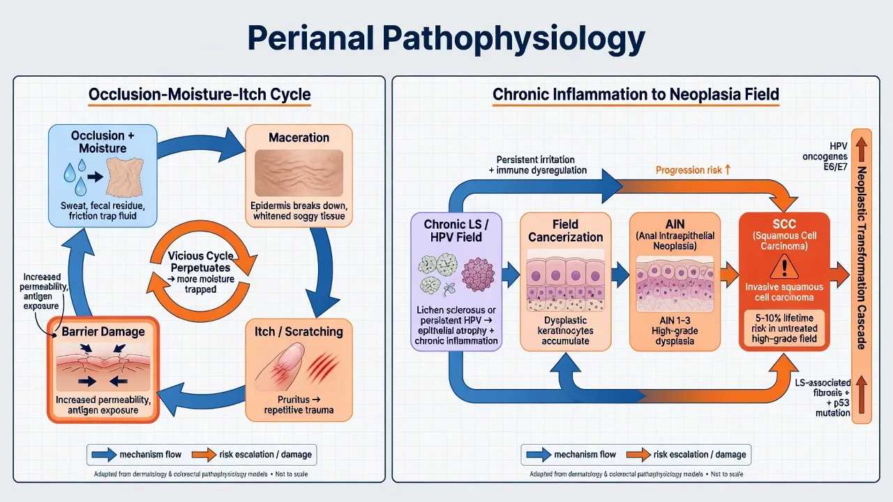 Pathophysiology panels showing itch-scratch barrier cycle and chronic inflammation to neoplasia field risk