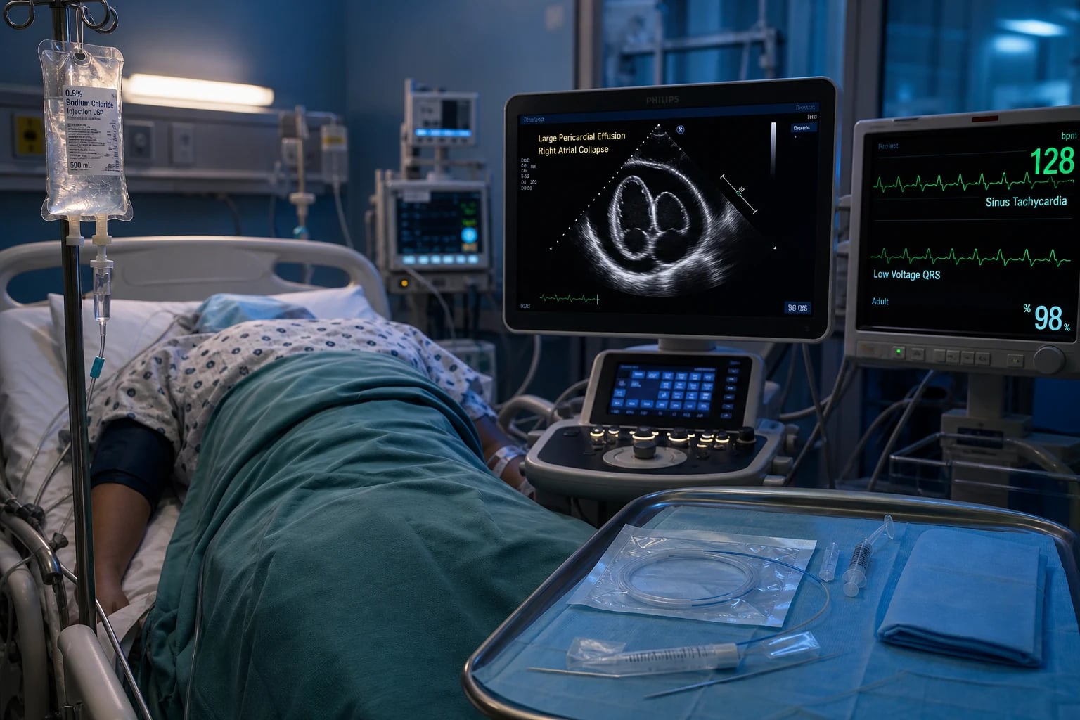 Cinematic ICU scene of a patient with a pericardial effusion and tamponade, an echo showing a large effusion with RA collapse, a monitor showing sinus tachycardia with low-voltage QRS, IV fluid running, a pericardiocentesis tray, clinical-blue lighting