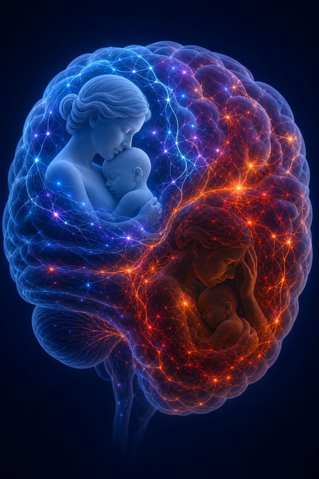 Cinematic 3D abstract close-up of a brain overlaid with fluctuating hormonal and neurotransmitter waveforms and a soft mother-and-infant bonding motif, set against a deep navy background; the brain shifts subtly between calm and distressed states
