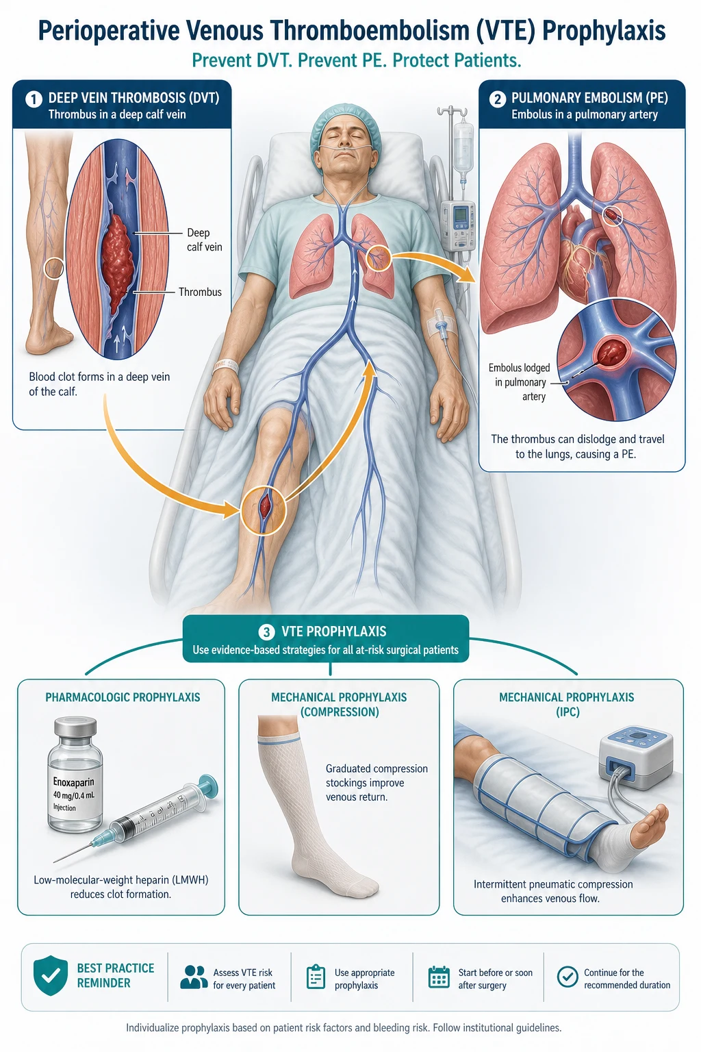 Perioperative VTE prophylaxis overview showing Virchow triad, calf DVT propagating to pulmonary embolism, and prophylaxis tools.