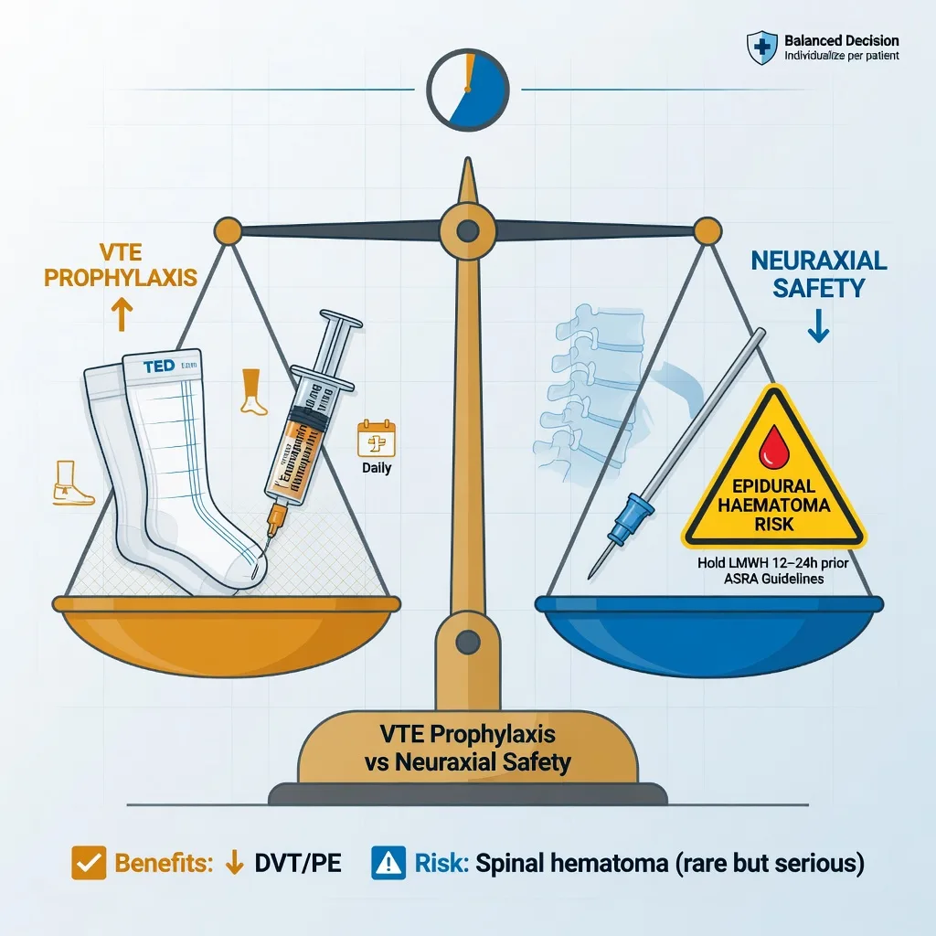Perioperative VTE prophylaxis and neuraxial anaesthesia timing overview educational illustration