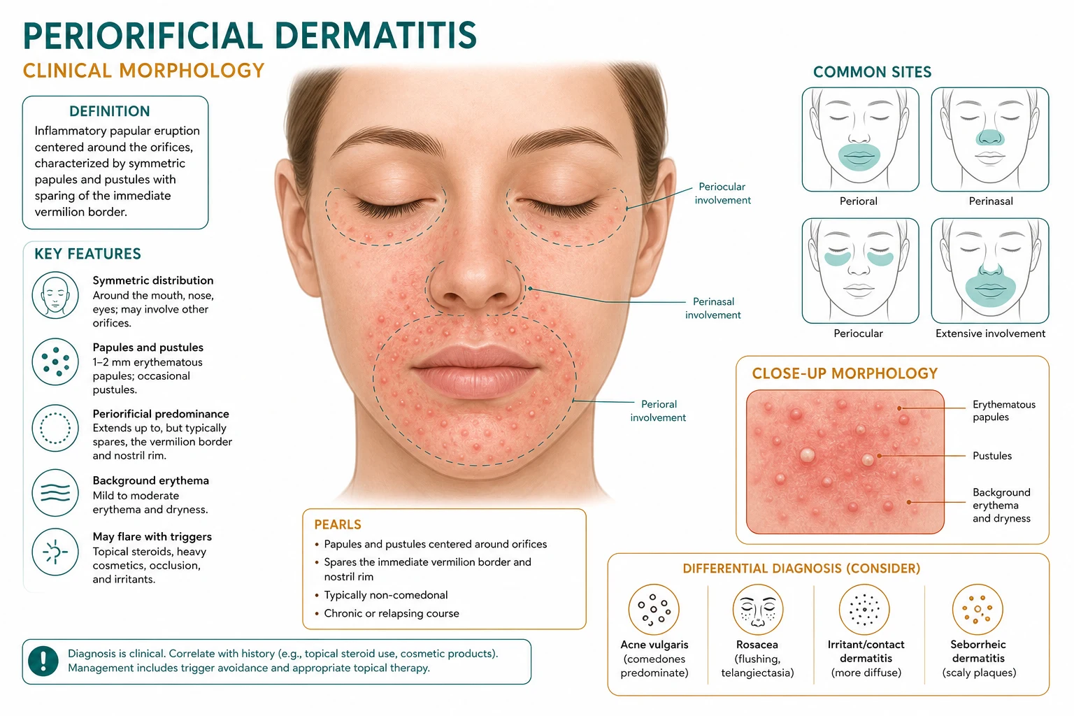 Clinical morphology of periorificial dermatitis: grouped 1-2 mm erythematous micropapules and papulopustules on a background of erythema with fine scale. Bilateral perioral distribution. Sparing of the vermilion border — a 2-5 mm rim of normal skin separates the eruption from the lip.