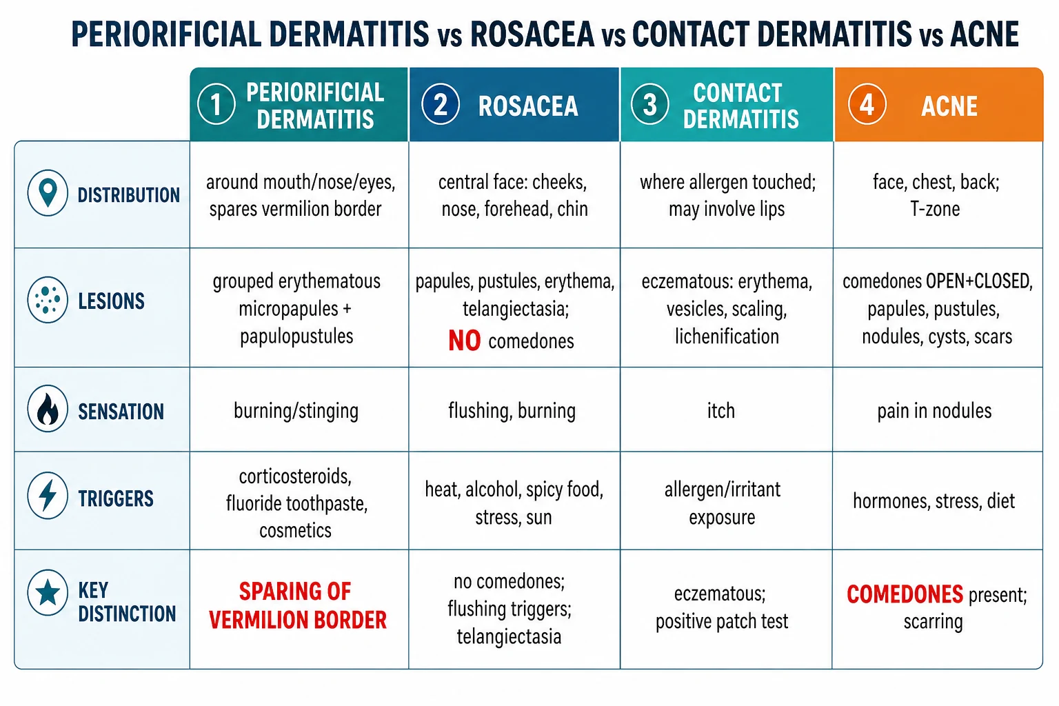 Differential diagnosis comparison: periorificial dermatitis vs papulopustular rosacea vs allergic contact dermatitis vs acne vulgaris vs seborrhoeic dermatitis vs demodicosis vs lupus miliaris disseminatus faciei vs perioral sarcoidosis vs angular cheilitis — distribution, morphology, sensation, triggers, key distinguishing feature