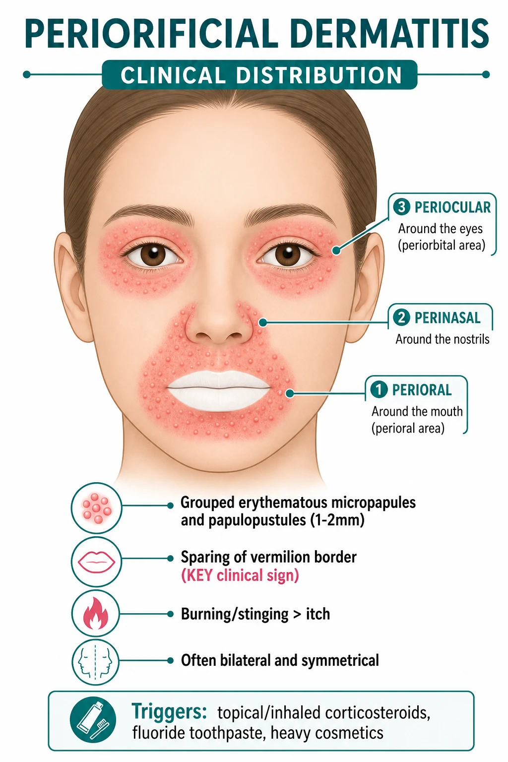 Clinical distribution: grouped erythematous micropapules and papulopustules around the mouth (perioral), nose (perinasal), and eyes (periocular) with the HALLMARK sparing of the vermilion border — a 2-5 mm rim of clinically normal skin separates the eruption from the lips. Bilateral and symmetrical.