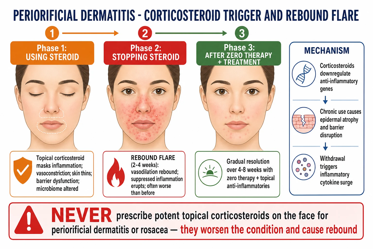 Timeline and mechanism of corticosteroid-triggered periorificial dermatitis: topical corticosteroid applied (vasoconstriction masks inflammation) → chronic application causes epidermal atrophy, barrier disruption, microbiome shift → withdrawal → REBOUND FLARE (cytokine surge + rebound vasodilation) → resolution with zero therapy + anti-inflammatory ladder