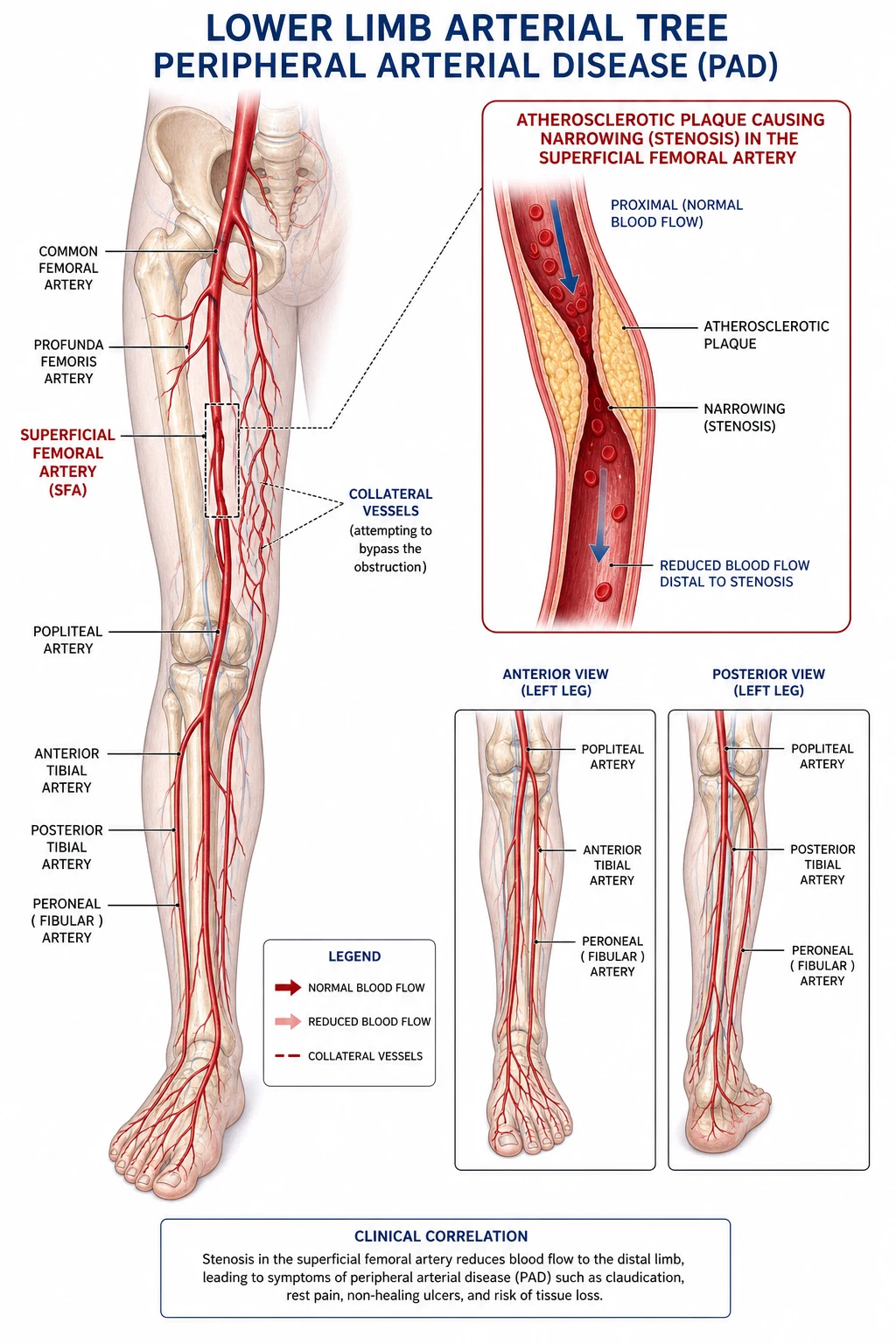 Fontaine classification severity ladder from asymptomatic through claudication to rest pain to gangrene with ABPI ranges.