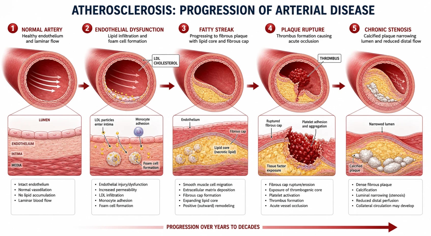 Management ladder: conservative (smoking cessation, exercise), medical (antiplatelet, statin, cilostazol), endovascular (angioplasty, stent), surgical (bypass).
