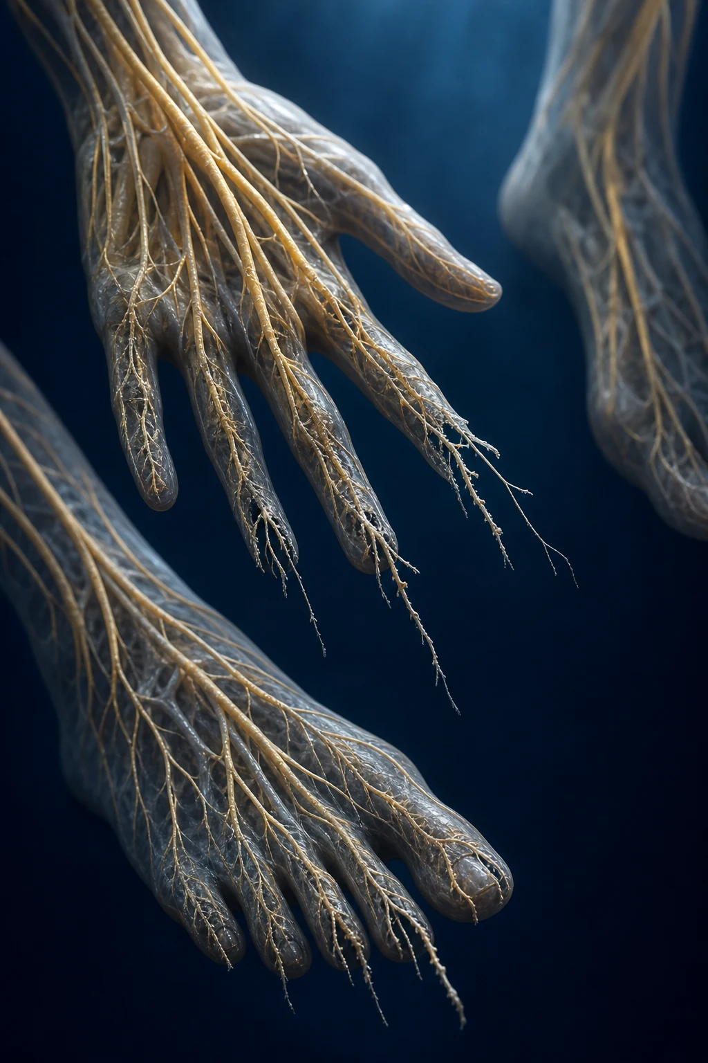 Cinematic 3D anatomical illustration of peripheral nerves with damaged, frayed endings in the hands and feet, against a deep navy background