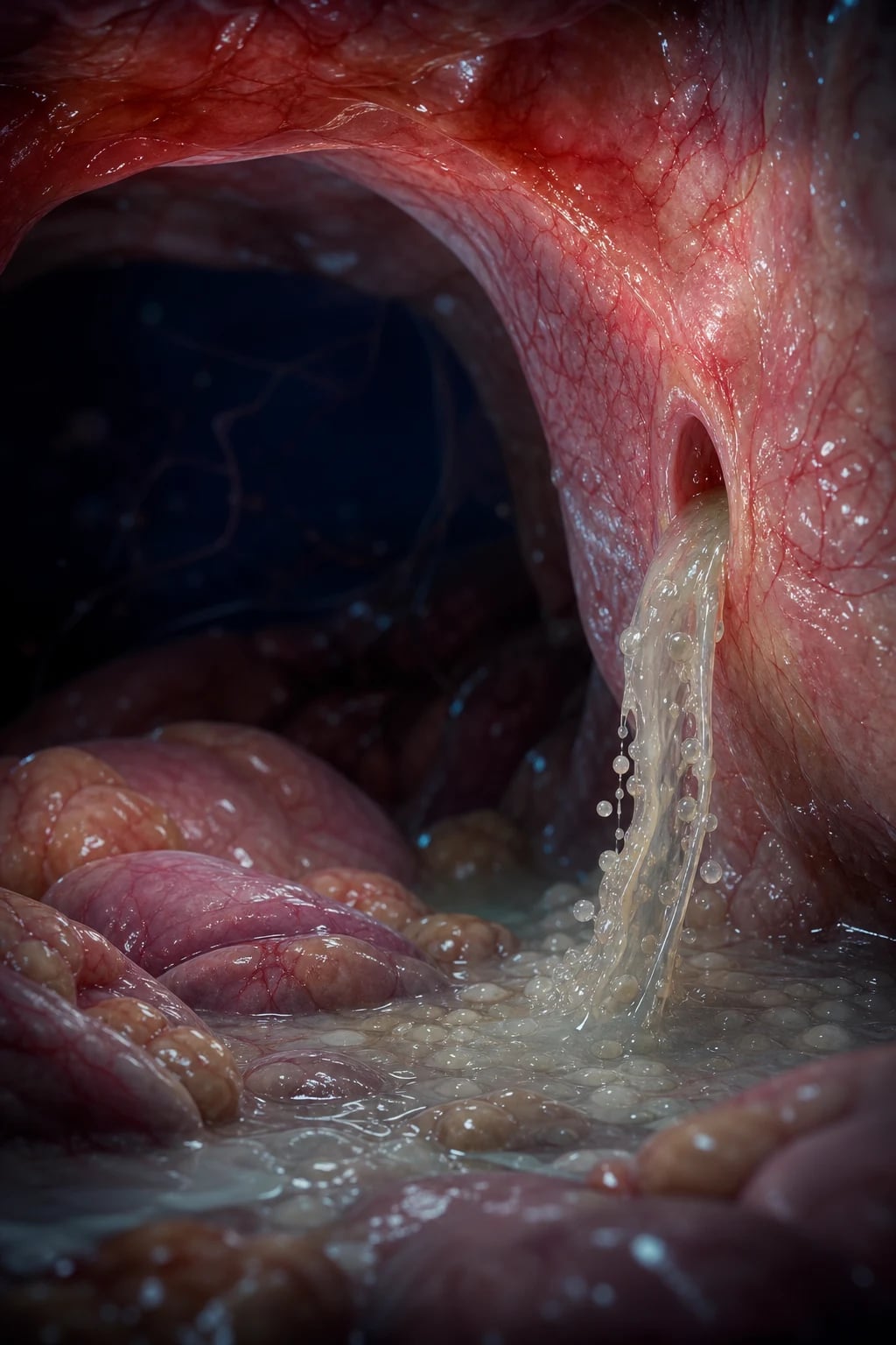 Cinematic clinical photograph of cloudy peritoneal dialysis effluent in a sample pot beside a septic patient monitor, ICU setting, clinical-blue lighting, no text, no people