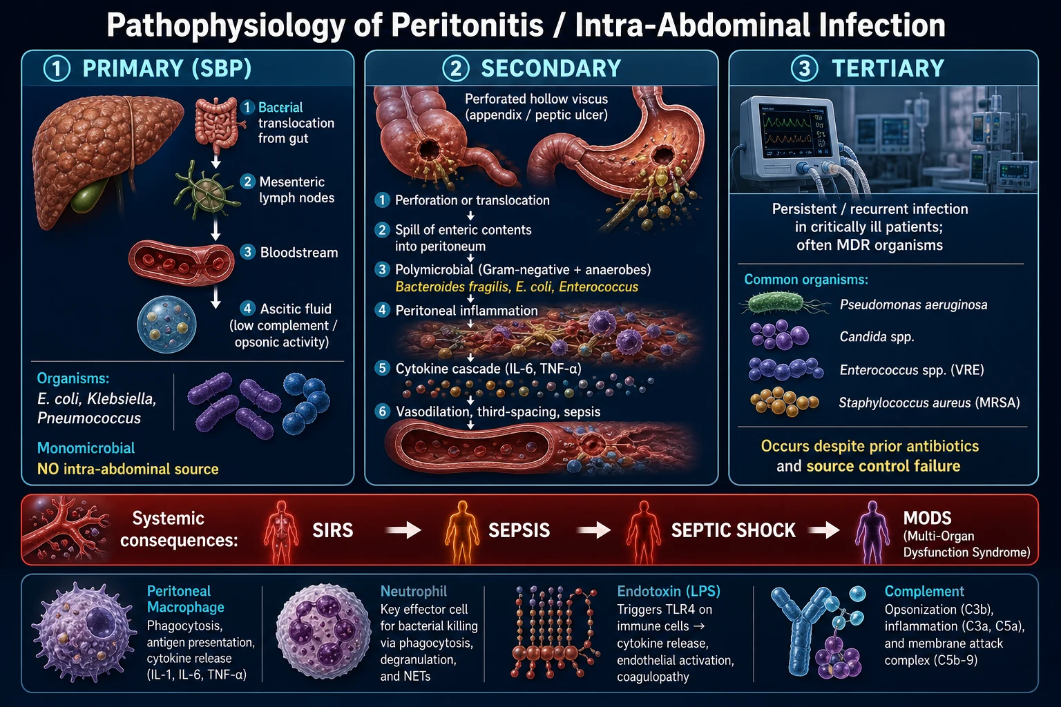 Pathophysiology of peritonitis: bacterial translocation in cirrhosis, hollow viscus perforation, cytokine cascade and septic shock — educational diagram