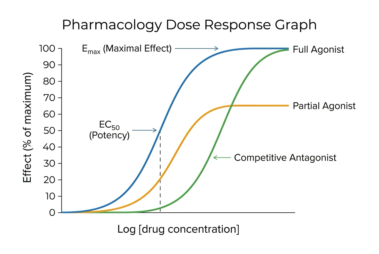 White-background infographic of three dose-response curves: a blue full agonist sigmoid reaching 100 percent with EC50 and Emax marked, an orange partial agonist with a lower ceiling, and a green competitive antagonist curve shifted rightward and parallel