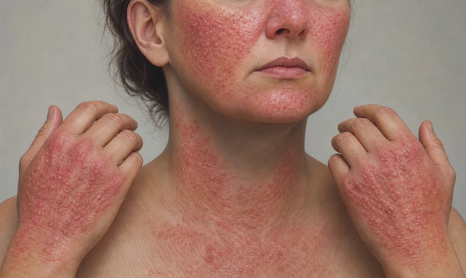 Symmetrical eczematous and papulovesicular eruption on the sun-exposed face, neck and dorsum of hands with sparing of shadowed submental and retroauricular sites