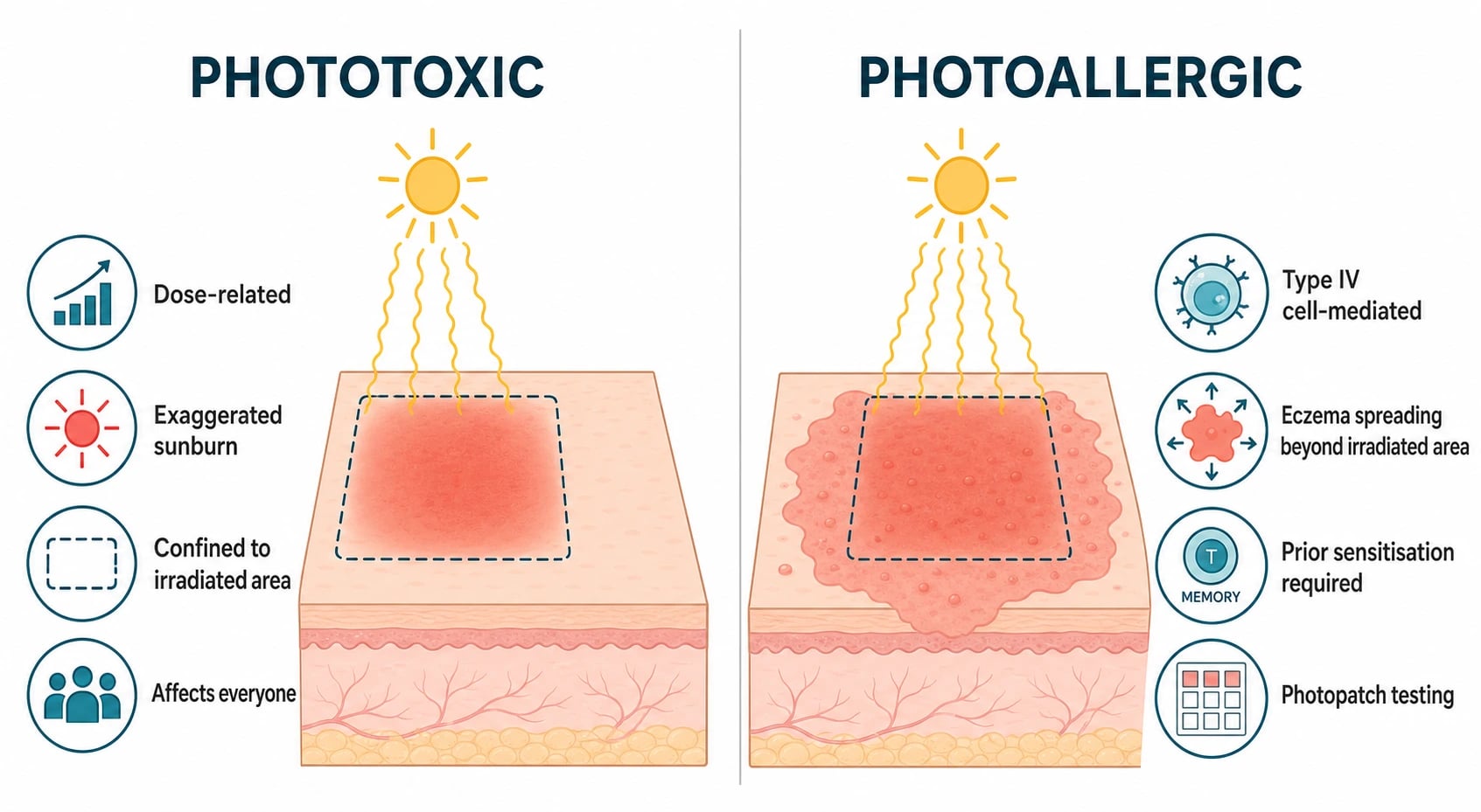Diagram contrasting phototoxic versus photoallergic drug reactions: phototoxic as dose-related ROS-mediated damage in everyone, photoallergic as type IV cell-mediated eczema requiring sensitisation