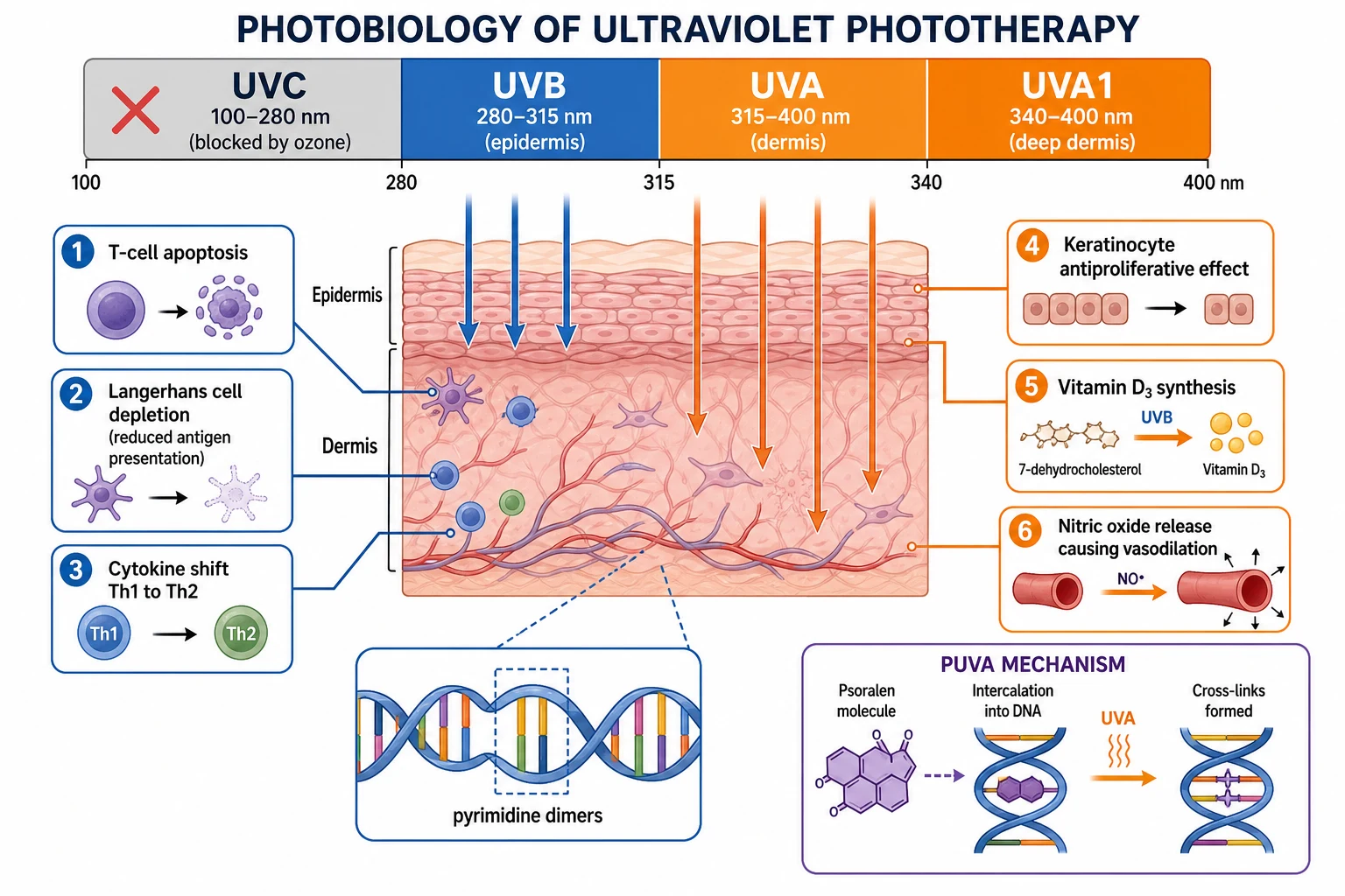 UV spectrum UVC UVB UVA UVA1 bands with penetration depths into epidermis and dermis; DNA pyrimidine dimers; six phototherapy mechanism callouts: T-cell apoptosis, Langerhans cell depletion, Th1 to Th2 cytokine shift, keratinocyte antiproliferative effect, vitamin D3 synthesis, nitric oxide release vasodilation; PUVA mechanism inset showing psoralen intercalation and UVA cross-linking