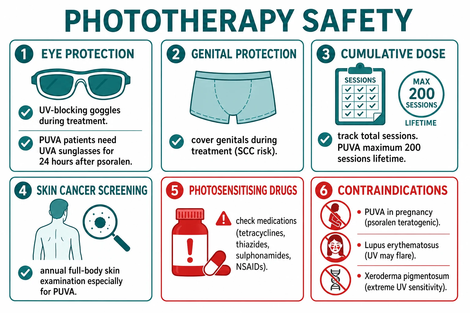 Phototherapy safety checklist: UV eye protection goggles for patient and staff during treatment, genital shielding, cumulative dose tracking with PUVA lifetime limit of 200 sessions, annual full-skin examination for skin cancer, photosensitising drug check, and contraindications including pregnancy for PUVA, lupus erythematosus and xeroderma pigmentosum