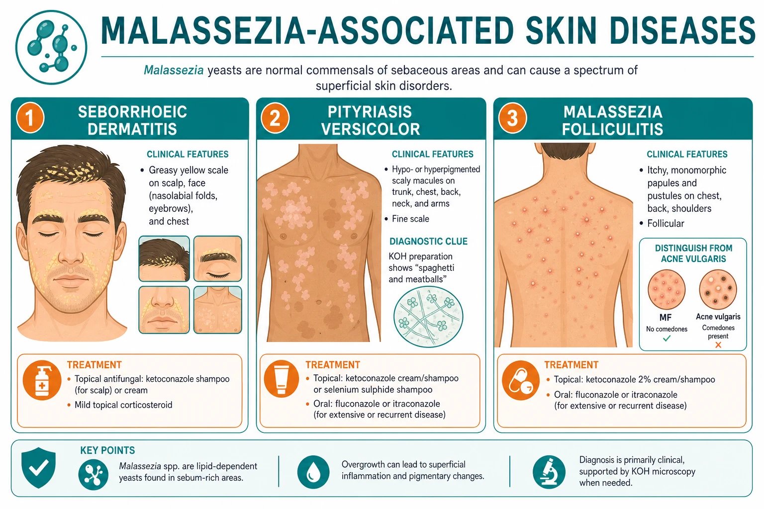 Three Malassezia skin diseases side by side: seborrhoeic dermatitis (greasy yellow scale on scalp, nasolabial folds, sternal chest), pityriasis versicolor (hypo- and hyperpigmented finely scaling macules on trunk with spaghetti-and-meatballs KOH), and Malassezia folliculitis (monomorphic erythematous follicular papules on chest and shoulders with no comedones)