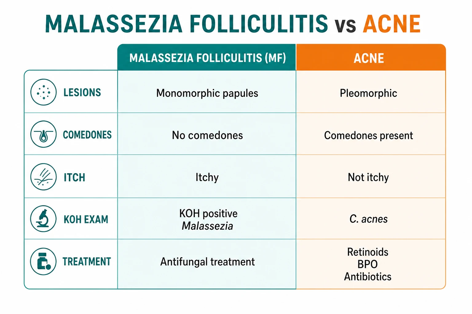 Comparison of Malassezia folliculitis versus acne vulgaris: monomorphic itchy follicular papules with no comedones and positive Malassezia KOH versus polymorphic acne with comedones, Cutibacterium acnes, and response to retinoids, benzoyl peroxide, and antibiotics