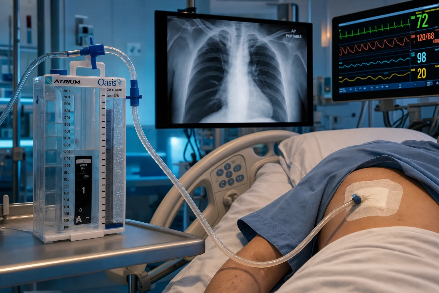 Cinematic ICU scene of a patient with a chest drain in situ connected to an underwater seal drainage system with bubbles, a CXR on screen showing a partially re-expanded pneumothorax, a cardiac monitor, clinical-blue lighting