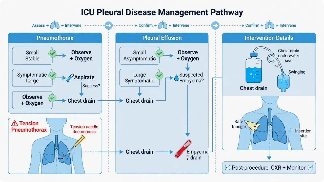 ICU pleural disease management pathway: pneumothorax observe versus aspirate versus drain, tension needle decompress then formal drain, effusion and empyema drainage, chest drain underwater seal and safe triangle