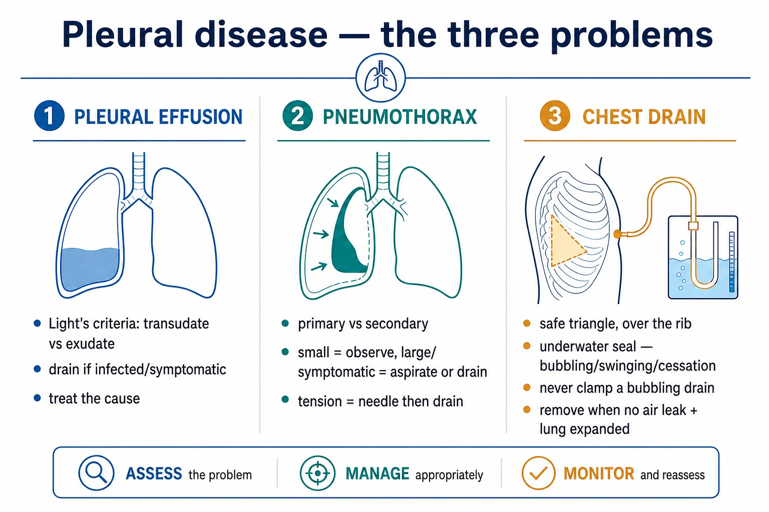 Three-column infographic on a white clinical-blue background: PLEURAL EFFUSION (Light's criteria, drain if infected/symptomatic), PNEUMOTHORAX (primary vs secondary, small=observe, large=drain, tension=needle then drain), CHEST DRAIN (safe triangle, over the rib, underwater seal, never clamp a bubbling drain). Flat vector illustration, crisp typography.
