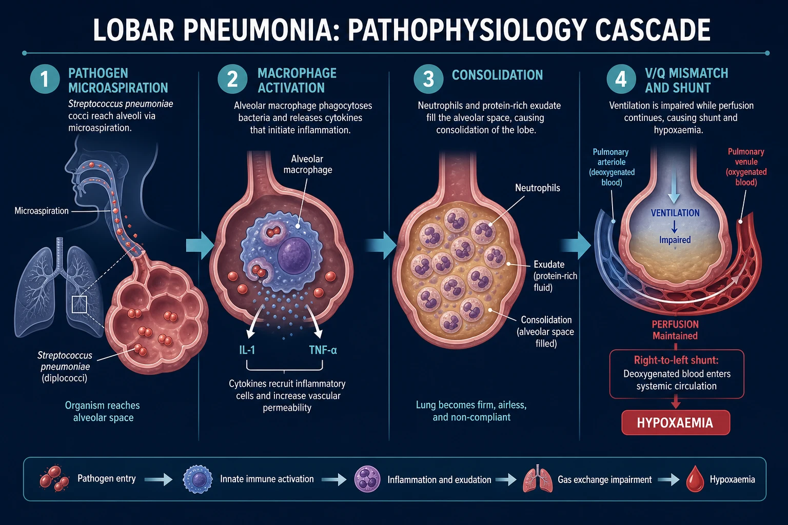 Mechanism infographic: pathogen microaspiration to alveolar macrophage cytokine release to neutrophil exudate consolidation to V/Q mismatch hypoxaemia