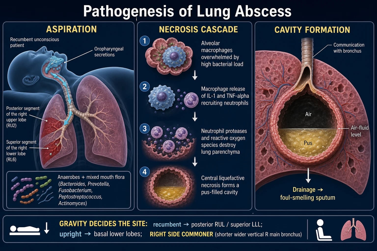 Loculated empyema and lung abscess anatomy showing why closed-space infection needs drainage plus antimicrobials