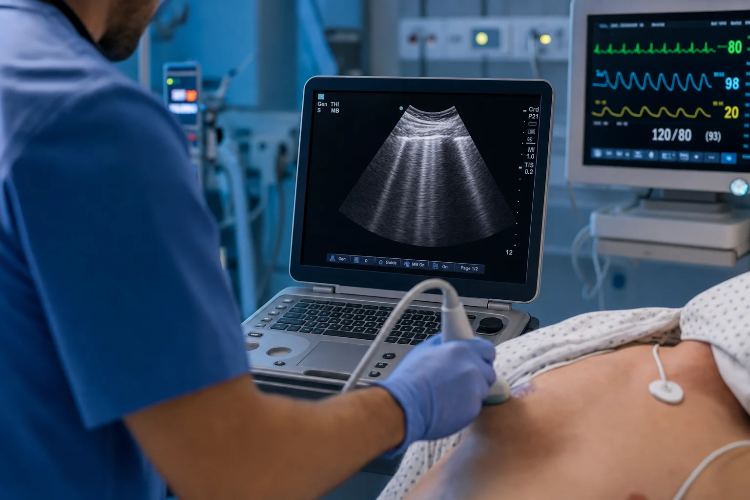 Cinematic ICU scene of a clinician performing a bedside lung ultrasound with a portable ultrasound machine showing B-line artifacts, the probe on the patient's chest, a cardiac monitor, clinical-blue lighting