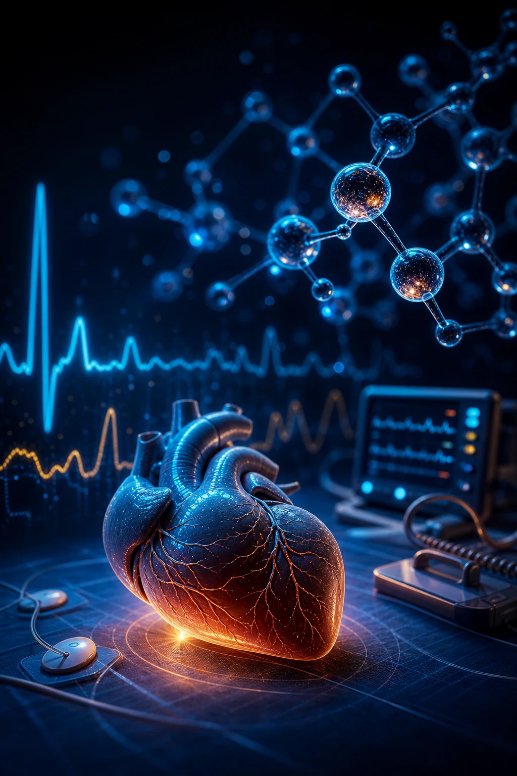Cinematic 3D abstract illustration of an emergency resuscitation bay with glowing ABCDE vital signs and an abstract glowing toxicity symbol, against a deep navy background